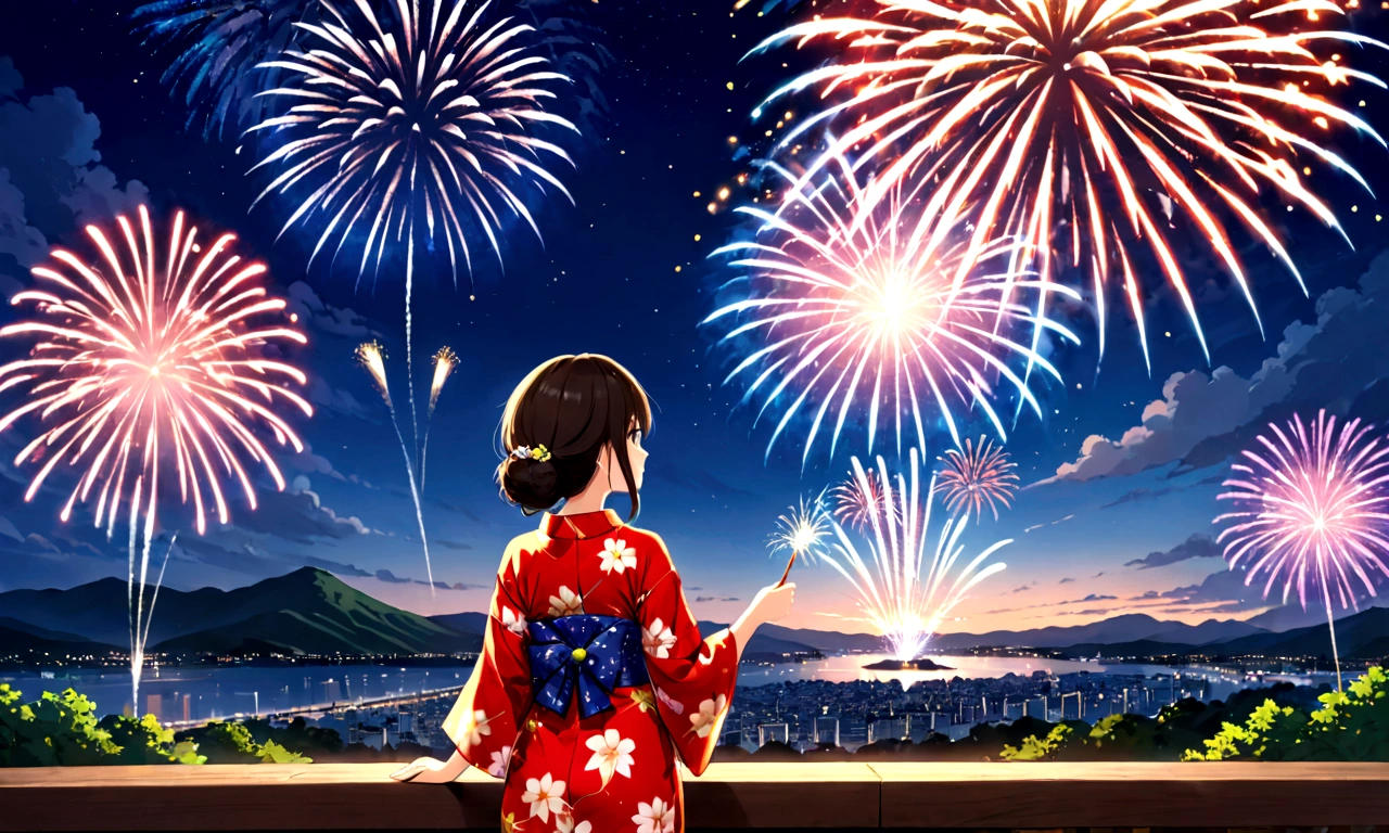 anime girl yukata姿で outfit looking at fireworks in the sky, firework, [ fireworks in the sky ]!!, fireworks, yukata姿で, Summer Festival Night, fireworks in the background, yukata, 日本のyukata, 色鮮やかなyukataを着て, Digital anime illustration, yukataを着る, Anime-style illustrations