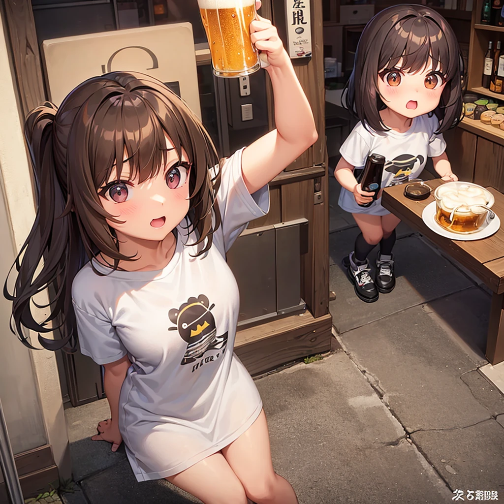aggressive、Patsun、Medium Hair、girl、T-shirt dress、Light brown hair、Small duck mouth、Small Nose、Big Breasts、Chubby、Beer in one hand