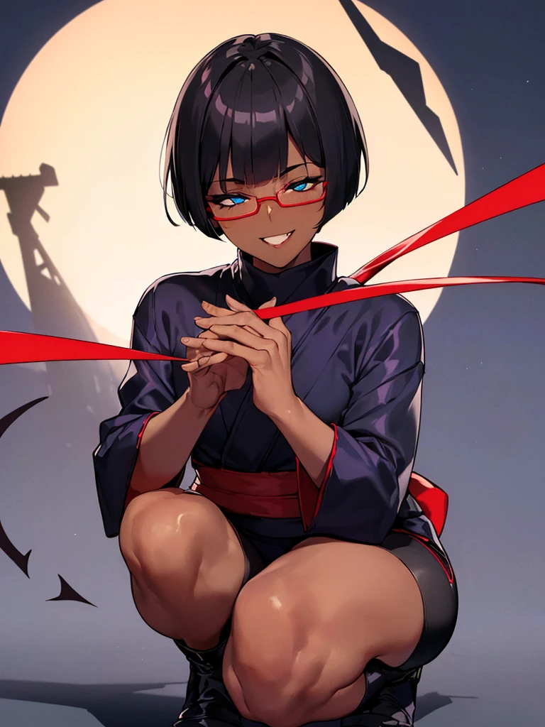 (flat chest:), (masterpiece:1.2), highest quality, High resolution, unity 8k wallpaper, (fine and beautiful eyes:1.6), highly detailed face, perfect lighting, Detailed CG, (perfect hands, perfect anatomy), (1 boy solo:1.4), 20 years old, black hair, extremely beautiful detailfeminine face and eyes, (evil smile:1.4), detailed eyes, best quality,( dark skin:1.8), (turtleneck shirt under yukata:1.2), (bike shorts:1.2), extremely detailed, very precise detailed, (glasses:1.3), blunt bangs, open mouth, (very short pixie cut:1.2), boots,fingerless gloves, smile, (half closed eyes:1.5),(burning ground), ,(on magic circle) ,night sky,long sidelocks,(long red Scarf),(yukata),(squatting), ears,(acrobat pose:1.3),(squat:1.3),leaning forward,(one knee dwon:1.5),(Put one foot in front:1.3),(stylish pose:1.4),(Raise only index finger:1.1),(Joining hands:1.5),(retro artstyle:1.2), (1990s \(style\)),