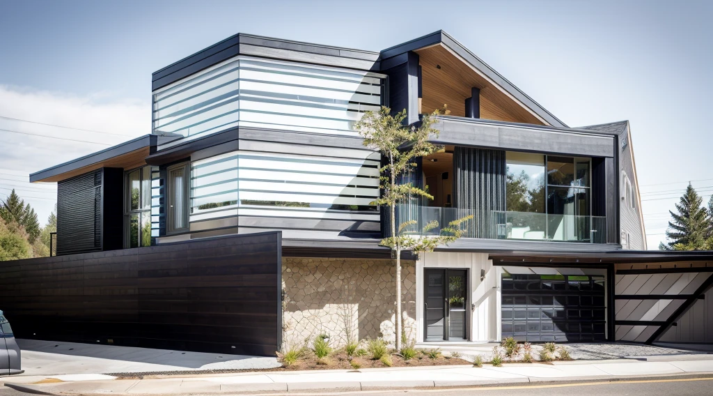 house exterior contemporary style, modernism, glass doors and windows,black metal rail, conwood ceilling, masterpiece, highquality, realistic photo, canon eos 5D mark, natural light, 