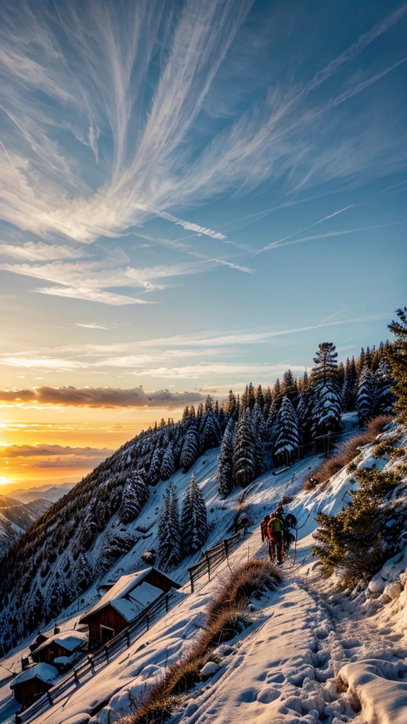 Steep mountain with goats climbing, leaning trees coming out of the mountain with sunset