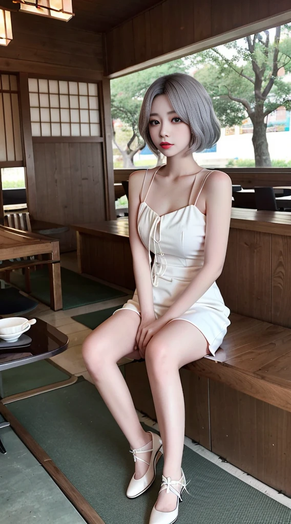 Be a girl with a pink complexion, beautiful eyes (red eyes) and deep as the night sky, half sad face lying on the table, white hair, looking at you, with an anime/semi-realistic style of art