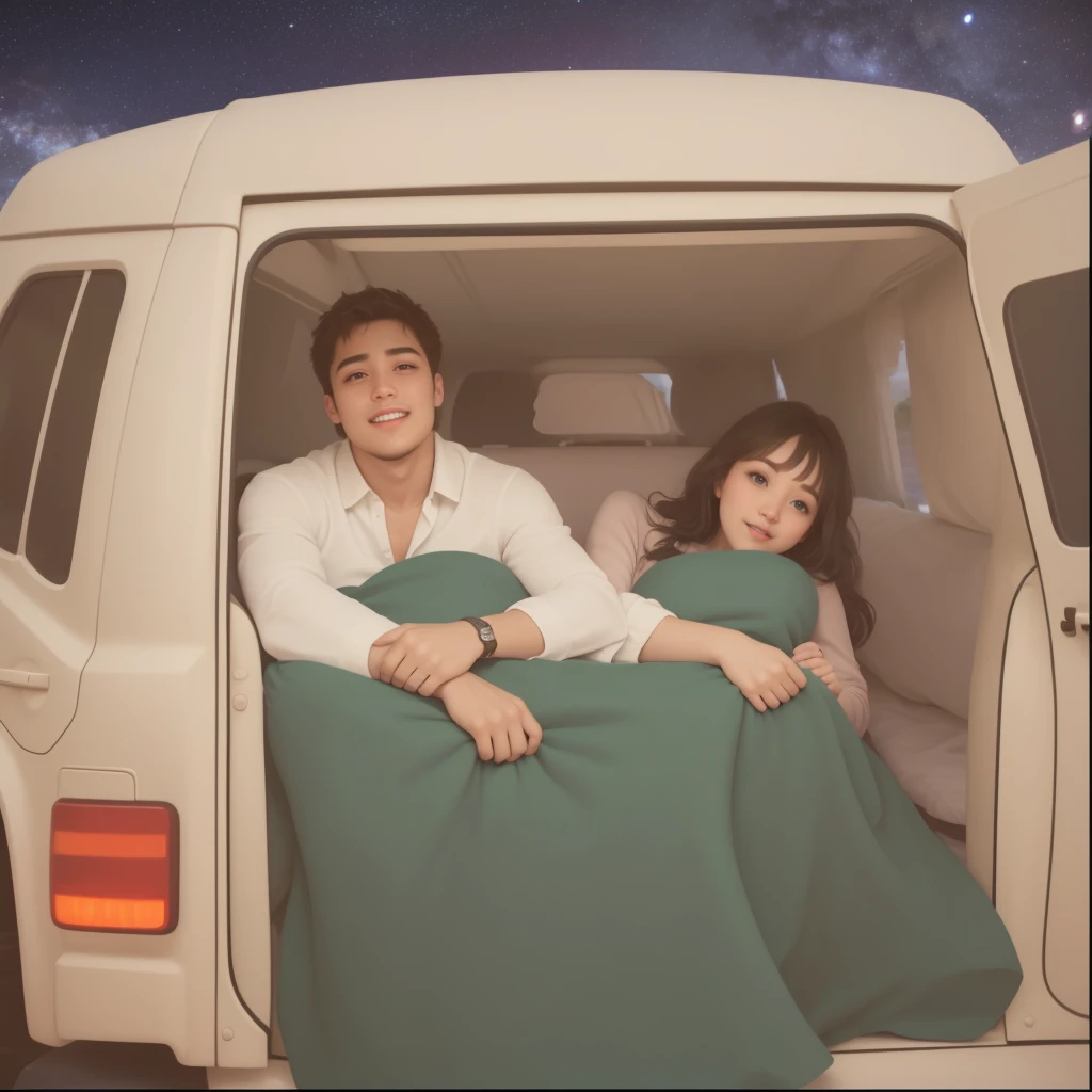 (best quality), big head, 1 beauty girl and 1 handsome men , Romantic camping couple in the car, Enjoying time together, The girlfriend is asleep, They are happy, relationship goals, Looks comfortable, Fun, Fresh, And refreshed, Happy, Beautiful Night With Patner at Car camp, Blanket, Jeep Car, uhd