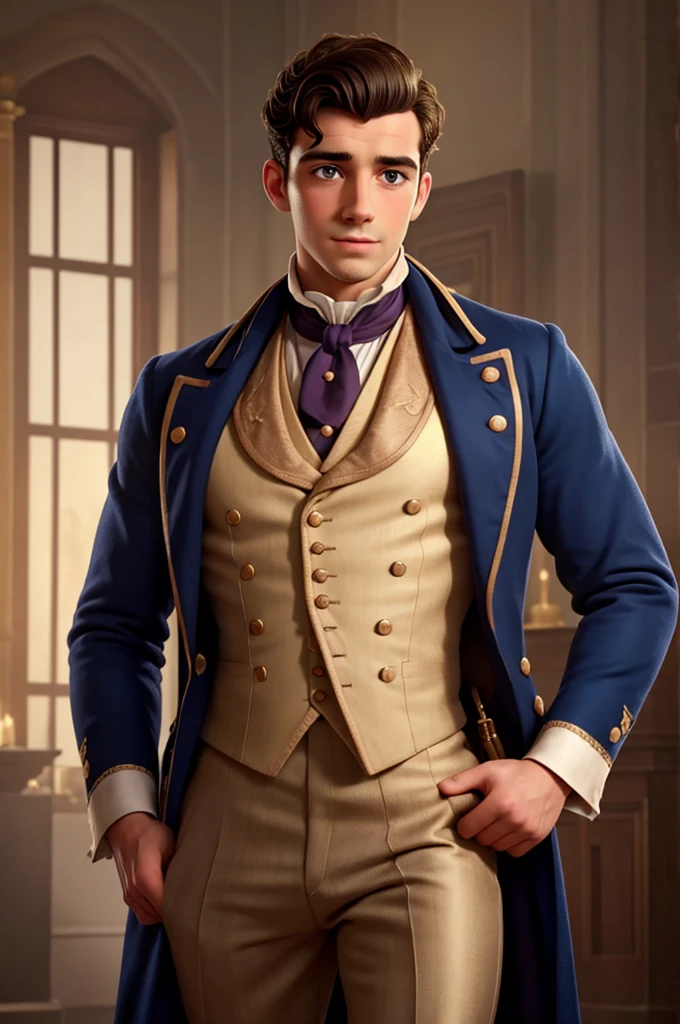 male, british, regency era, bridgerton, jonathan bailey', muscles, big pecs ,hairy chest, handsome face. wearing regency era suit