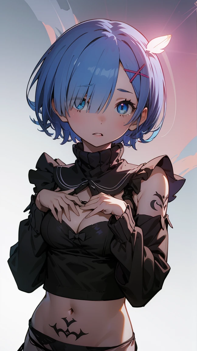 ph_rem, remhd, 1girl, blue hair, solo, blue eyes, x hair ornament,
BREAK ((black panties:1.5),(turtleneck cropped sweater:1.1), (cleavage), navel,(chest tattoo):1.2),
BREAK (masterpiece:1.2), best quality, high resolution, unity 8k wallpaper, (illustration:0.8), (beautiful detailed eyes:1.6), extremely detailed face, perfect lighting, extremely detailed CG, (perfect hands, perfect anatomy),