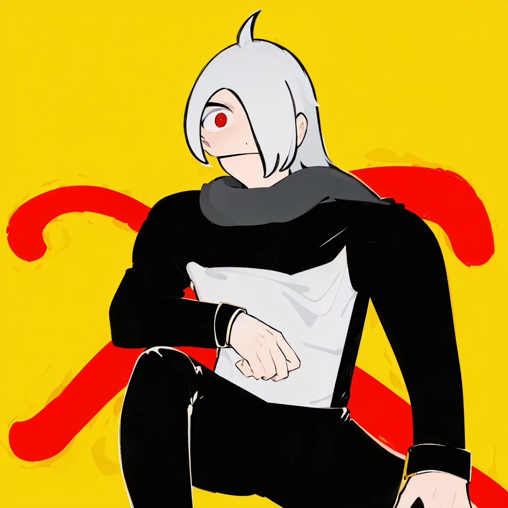 1boy, 1eye only, white hair, red eye, black sash shirt, white shirt, black sleeves, black pants, red tentacles in back, mechanical tentacle, looking on side