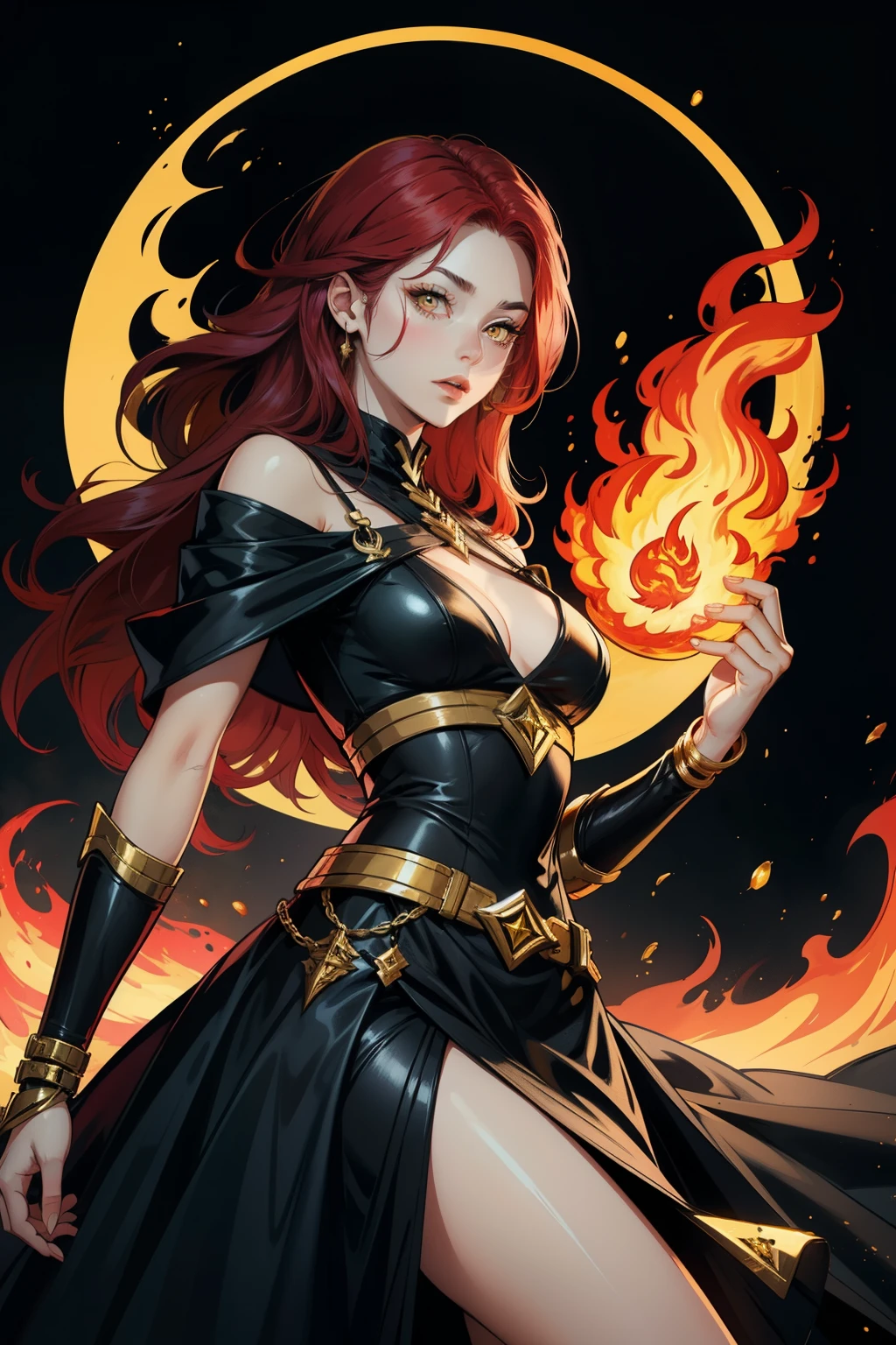 a red-haired woman with yellow eyes with fire powers who wears a black dress with gold in mlbb style
