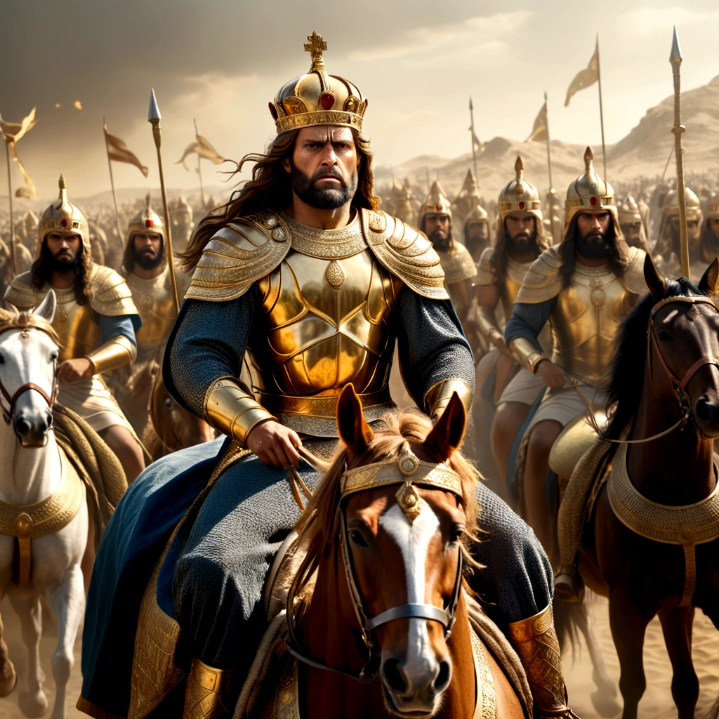 King Nebuchadnezzar and his army on their horses. The King is at the head of the army, in golden armor, crown on his head, long brown hair. He has heroic pose, and command. Highly detailed image, high quality, angry expression, full body image