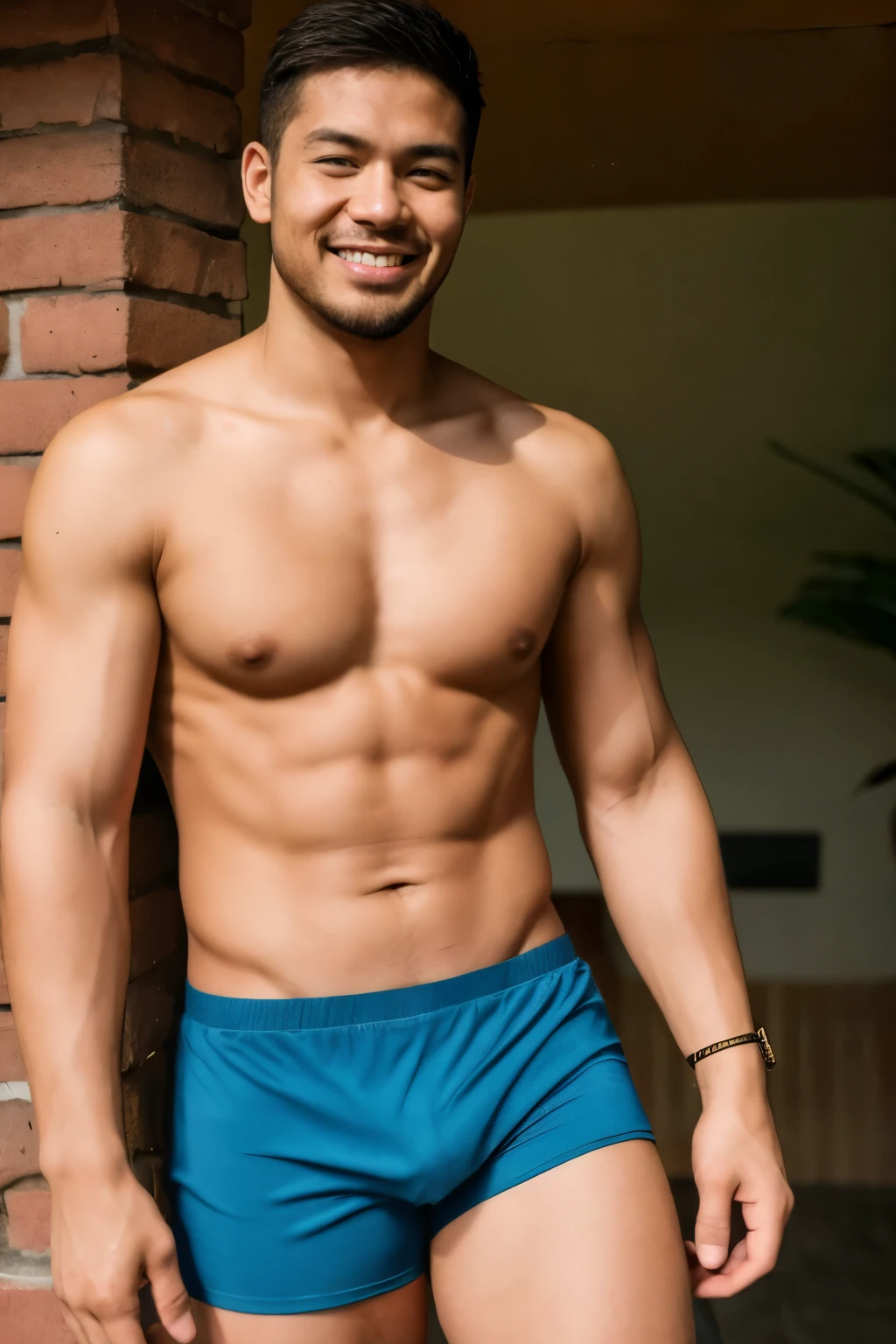 Indonesian guy, (((hairy:1.0))), slim muscular, smile, (((short trunks)))