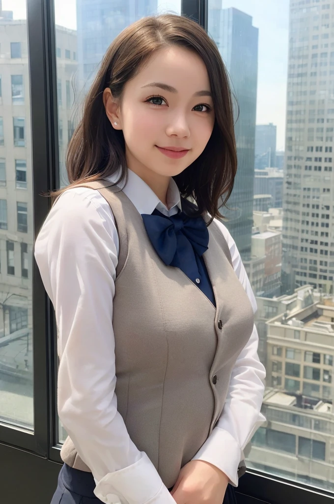 1girl, matured female, vest, bow, photo, realistic, best quality, hires, detailed face, office, buildings from window, detailed background, diffused sunlight, depth of field, bokeh