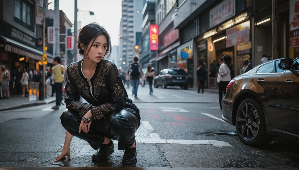 nsfw, beautiful asian woman peeing herself in public, wet pants from urine, detailed realistic clothing, photorealistic, hyper detailed, ultra realistic, 8k, high quality, masterpiece, intricate details, realistic lighting, cinematic, dramatic lighting, beautiful skin, realistic textures, clean sharp focus, beautiful detailed eyes, beautiful detailed lips, extremely detailed face, long eyelashes, photorealistic facial features, dynamic movement, urban background, city street, crowded scene, Colorless and transparent pee,