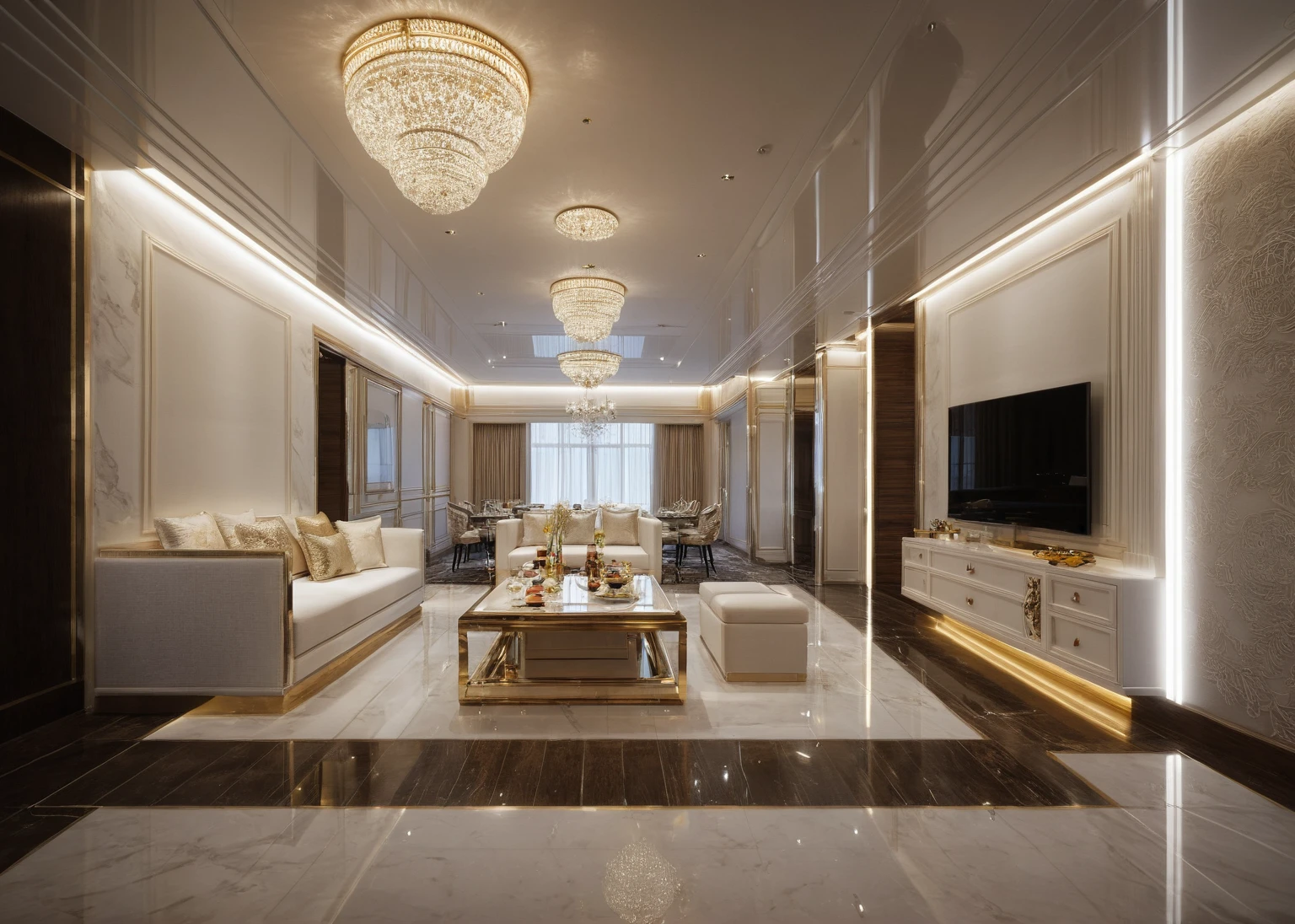 ,Masterpiece, Best quality,8K, Ultra-high resolution,When you step into the dinning room of restaurant room,Immediately surrounded by a rich atmosphere of luxury. The space was covered with a soft white fluffy blanket,It is so comfortable,So much so that you can't help but indulge in it。Embellished with precious porcelain and white-off gold ornaments。Whenever it is late afternoon,The afterglow from the window spilled on the floor,Soft light and shadow are reflected,It was as if entering a dreamland. ((Wooden chair and table : 1.3)), ((COLUMN MIRROR : 1.3))