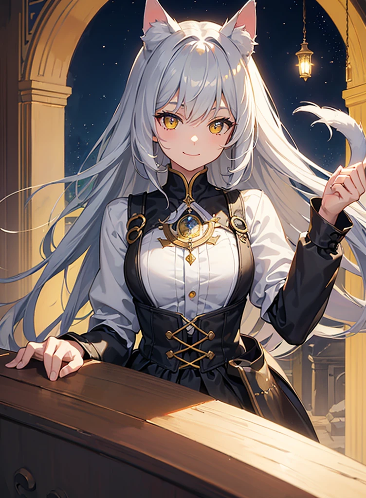 ((masterpiece)), ((best quality)), (close-up:1), (half-body shot:1.36), perfect anatomy, 1girl, solo, cat girl, gay hair, yellow eyes, gray cat ears, gray fluffy cat tail, medieval attire, smiling, lighting from front, looking at viewers
