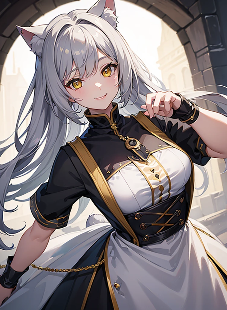 ((masterpiece)), ((best quality)), (close-up:1), (half-body shot:1.36), perfect anatomy, 1girl, solo, cat girl, gay hair, yellow eyes, gray cat ears, gray fluffy cat tail, medieval attire, smiling, lighting from front, looking at viewers