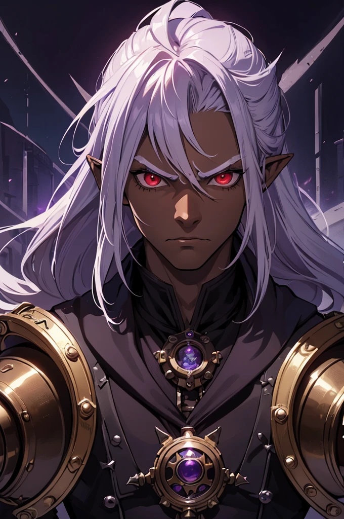 ((best quality)), ((masterpiece)), (detailed), ((boy)), ((mix between dungeonpunk and steampunk)), (serious), dark skinned, human, upper body, portrait, red eyes, long white hair, Xemnas from Kingdom Hearts, half-drow, pointy ears, serious face, dramatic lighting, purple hue, art by Kinema Citrus and Tetsuya Nomura