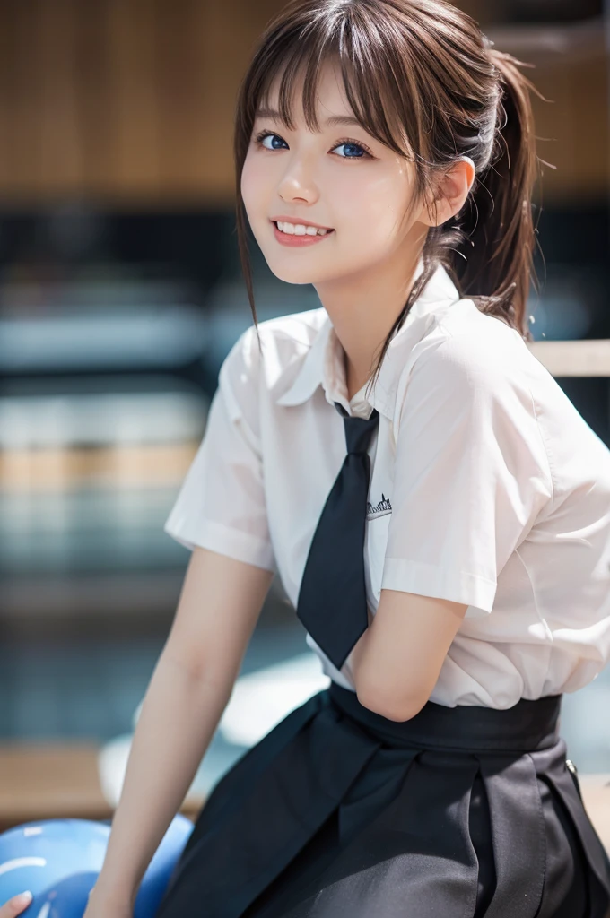 1 girl,{{Tie your hair up}}I have a black bowling ball、bowling alley、Snapshot in front of the lane、 {{Super clear and delicate blue eyes}}、(Wear a black bowling shirt and a black skirt :1.2), (RAW Photos, highest qualそれy), (Realistic, Realistic:1.4), Tabletop, Very delicate and beautiful, Very detailed, 2k wallpaper, wonderful, finely, Very detailed CG Unlimited 8K wallpaper, Very detailed, High resolution, Soft Light, Beautiful detailed girl, Very detailed目と顔, Beautiful and sophisticated nose, Finely beautiful eyes, Cinema Lighting, Perfect Anatomy, Slender body, Was nervous,
Straight semi-long hair, bangs, Looking at the audience, smile