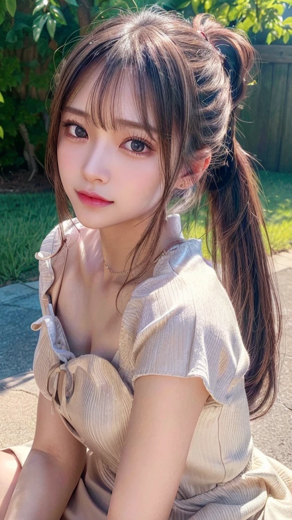 One piece with collar,outdoors,Urban Park,On the lawn,Ultra-detailed, finely detail, hight resolution, 8K Wallpaper, Perfect dynamic composition, Beautiful detailed eyes,Outdoor,Close-up of face,Outdoor,Blushing,Facing forward,,Long hair ponytail,((8k, Raw photo, Best Quality, Mastepiece:1.2), (Realism, Photorealistic:1.4), (Highly detailed 8K wallpapers), Depth of written boundary, Cinematic Lighting, Soft Light, Detailed Beauty Eye,Shiny and smooth light brown ponytail, Asymmetrical bangs, Shiny skin, Ultra-detailed skins ,It is high resolution., High detail, Detailed hairstyle, Detailed facial beauty, Hyper-realistic, Perfect limbs, Perfect Anatomy ,1 Japanese girl,Famous Japanese Idols, Perfect female body,A shy smile,Short eyelashes,Double-edged eyelids,Look straight here,Hair style: ponytail,