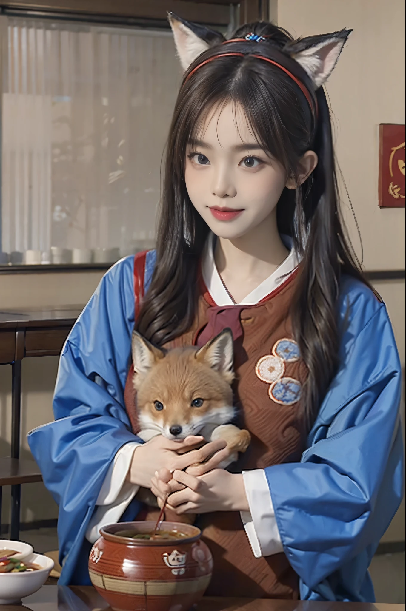 "A young girl with fake fox ears on her head, wearing traditional Japanese clothing in blue and red, hugging a real fox. Both are wearing similar patterned coats. On the table in front of them is a bowl of udon noodles with vegetables and meat, and a cup of tea. The background is a traditional Japanese room with a window."