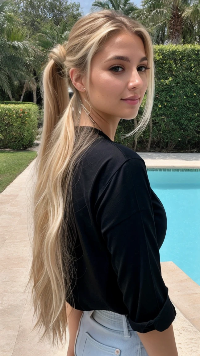 A 23-year-old blonde woman, ((hiperrealismo)) ,. blonde hair with light brown roots. cabello rubio, Hair with brown roots, cabello extra largo, cabello muy largo, really long hair, ponytail hair, Beautiful, Front view, selfie, photo taken with iPhone, elegant black shirt with escote, escotada, walking, she walks by the pool, high quality, realistic, cleavage