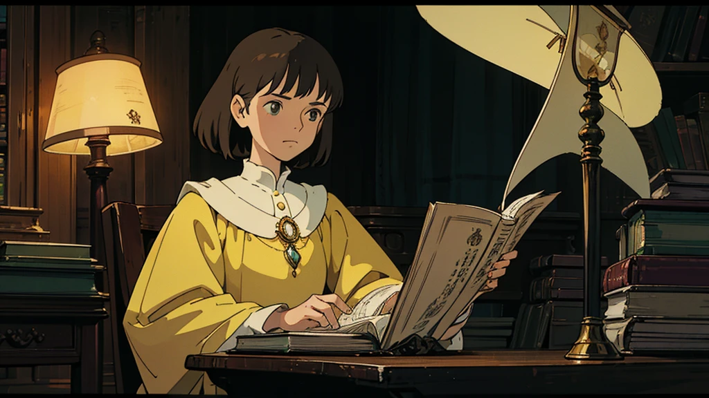 A girl, ensconced in a cozy corner on a rainy evening, sits surrounded by a jumble of books with an intensely profound study attitude. The soft yellow glow of the desk lamp illuminates her thoughtful expression, revealing her deep concentration and composed posture. Her inquisitive eyes dart back and forth between the pages, her nimble fingers turning them with subtle tilt, as she absorbs the old world wisdom contained within. The timeworn margins and sultry aura of the books add to the quiet night ambiance, creating a peaceful and tranquil countenance. This scholarly young woman, clad in plain attire, appears to be a seeker of knowledge and intellect