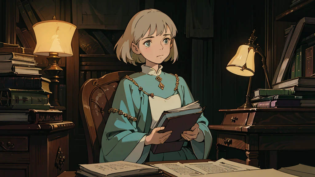 A girl, ensconced in a cozy corner on a rainy evening, sits surrounded by a jumble of books with an intensely profound study attitude. The soft yellow glow of the desk lamp illuminates her thoughtful expression, revealing her deep concentration and composed posture. Her inquisitive eyes dart back and forth between the pages, her nimble fingers turning them with subtle tilt, as she absorbs the old world wisdom contained within. The timeworn margins and sultry aura of the books add to the quiet night ambiance, creating a peaceful and tranquil countenance. This scholarly young woman, clad in plain attire, appears to be a seeker of knowledge and intellect