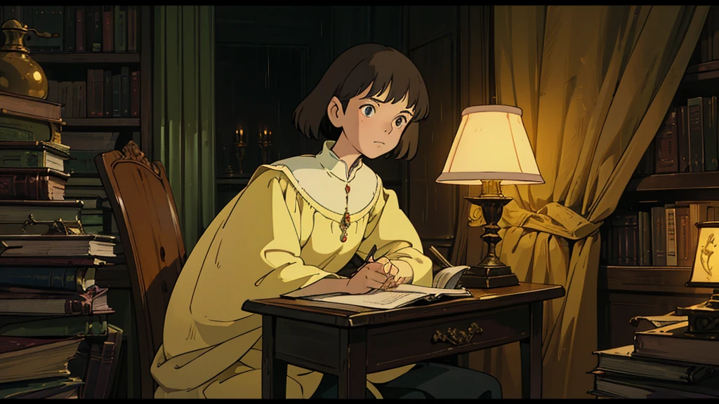 A girl, ensconced in a cozy corner on a rainy evening, sits surrounded by a jumble of books with an intensely profound study attitude. The soft yellow glow of the desk lamp illuminates her thoughtful expression, revealing her deep concentration and composed posture. Her inquisitive eyes dart back and forth between the pages, her nimble fingers turning them with subtle tilt, as she absorbs the old world wisdom contained within. The timeworn margins and sultry aura of the books add to the quiet night ambiance, creating a peaceful and tranquil countenance. This scholarly young woman, clad in plain attire, appears to be a seeker of knowledge and intellect