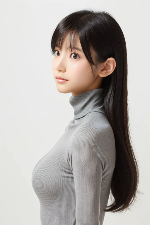 Very young Japanese,Grey turtleneck,Large Breasts,Black Hair,Long Hair,Soft lips,Fine skin,(Glowing Skin),(masterpiece:1.4),(Highest quality:1.4),white background,fullshot,standing posture,from side,side view