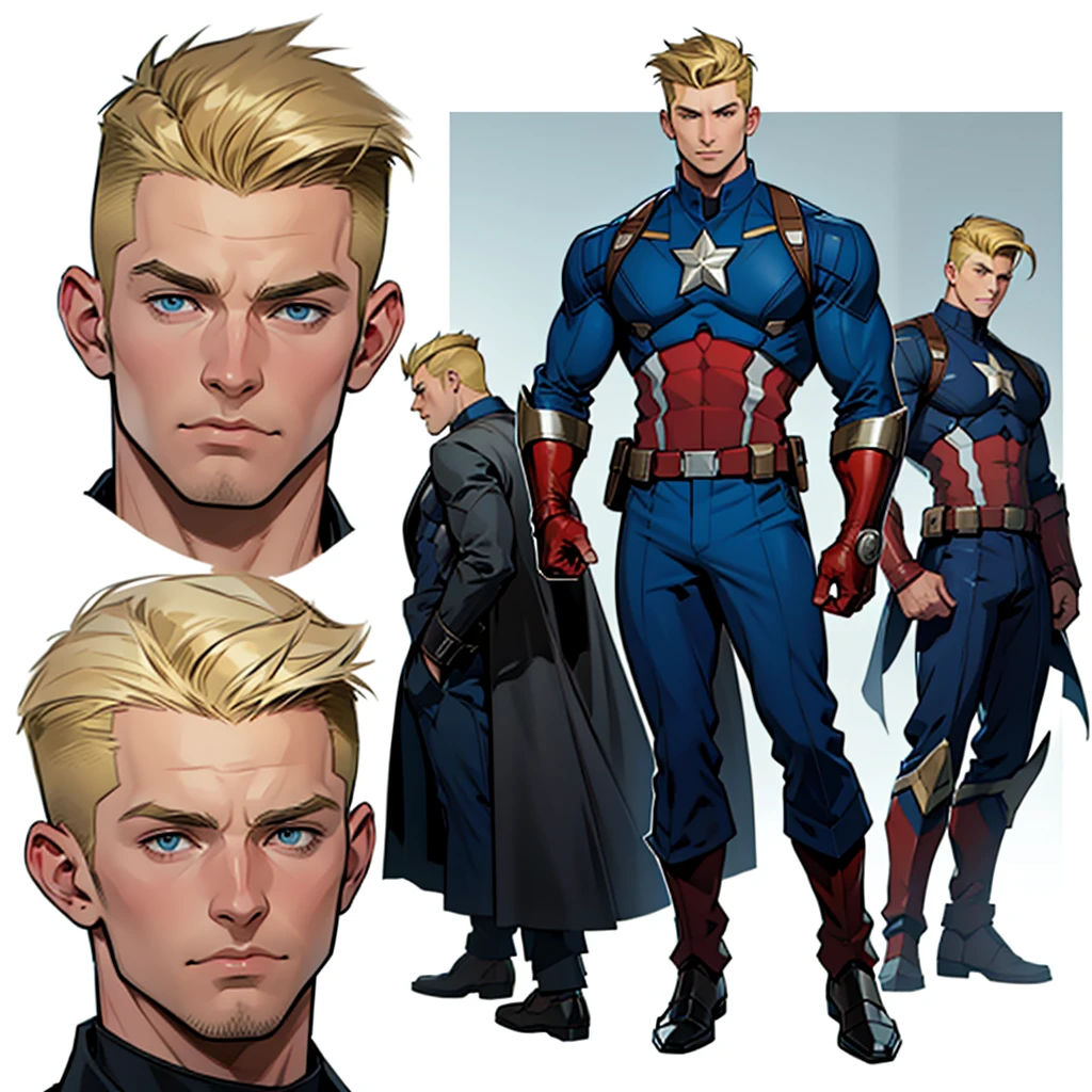 A model sheet with different face angles of an adult Captain America wearing a suit and having gauntlets with a short blonde quiff haircut and a shaved nape.