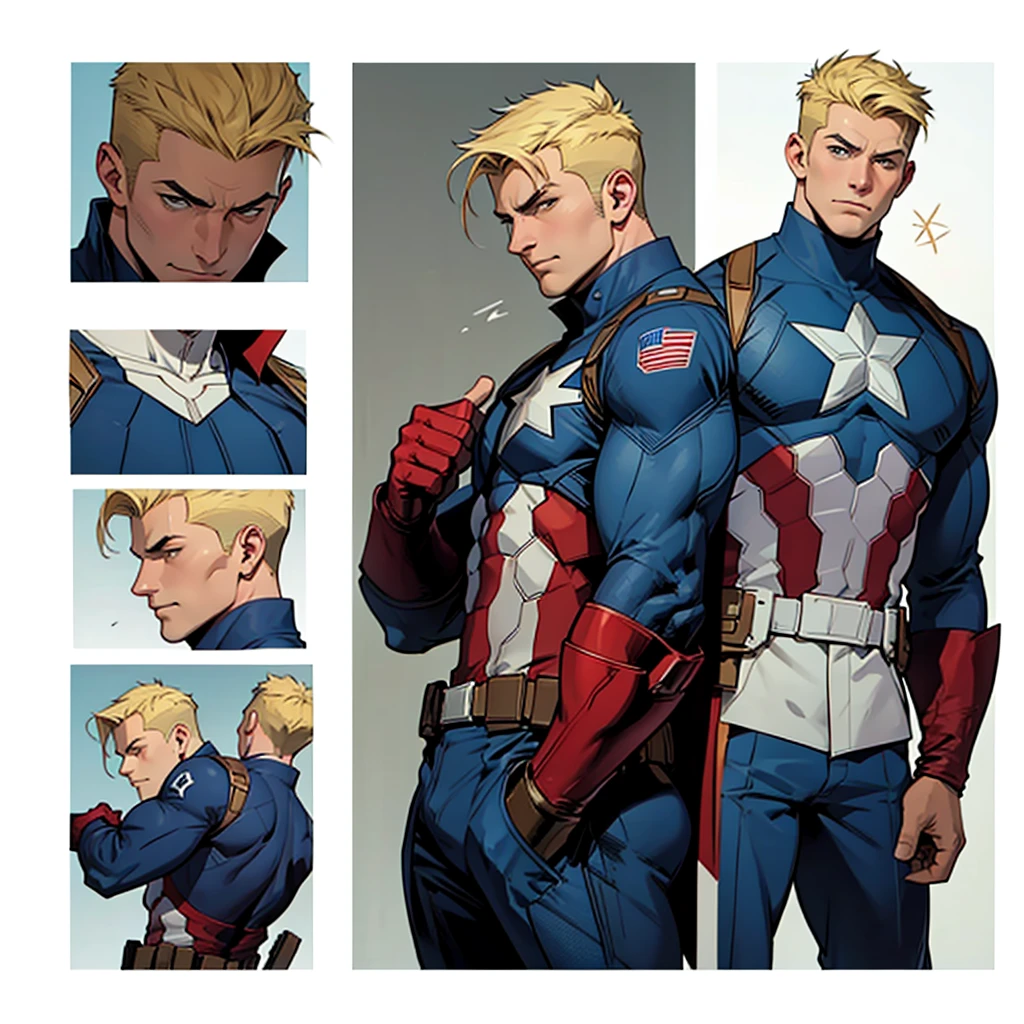 A model sheet with different face angles of an adult Captain America wearing a suit and having gauntlets with a short blonde quiff haircut and a shaved nape.
