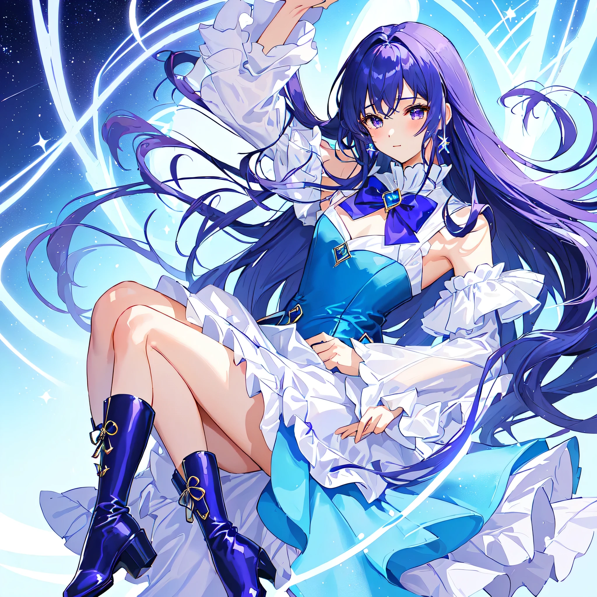 Cartoon drawing of a boy wearing a purple and blue one-piece dress with a blue ribbon and a jewelry brooch、He has long cyan-purple hair、Boy with long purple hair、Yellow eyed boy、hair ornament、One-sided up-up hair、style of Magic Boy、Long legs、Blue layered ruffle mini skirt、Blue thigh-high boots、Blue heel boots、Puffy, round sleeves、Blue Arm Warmer、portrait of Magic Boy、Full body close-up、sparkling Magic Boy、Dress Up Darling Anime、Heavenly Aura、Cool anime boys、Blue&#39;s iconic character、Sapphire Prince、Magic Boy、Official character art、A boy is standing、Official Art、Official Artwork、wallpaper!、Cowboy Shot、!!beautiful!!、Brilliant!!、perfect costume、perfect body、perfect hands、perfect arms、perfect legale body:1.3)、