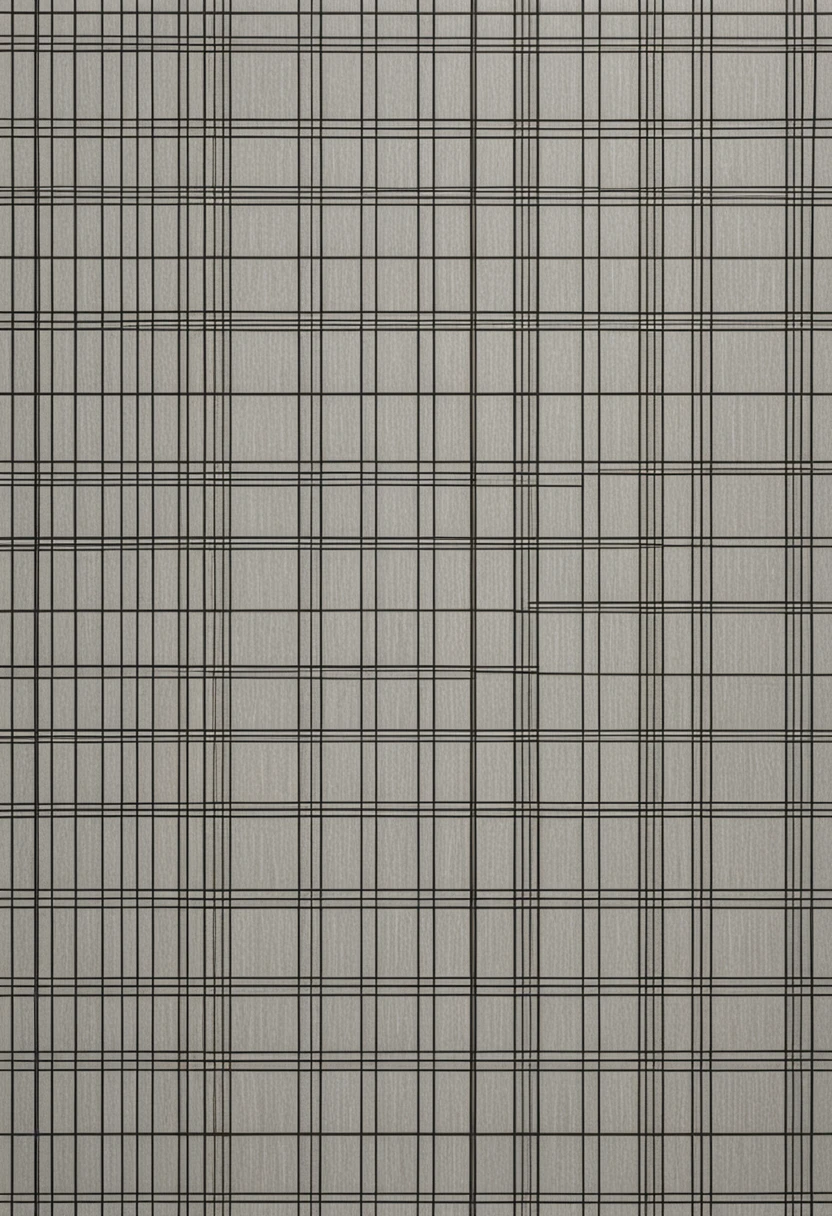 Design with straight lines and simple geometric shapes. A grid design in gray and black tones. The grid is made up of black and gray lines that intersect at right angles, creating a series of uniform squares and rectangles. The gray tones vary in intensity, adding depth and contrast to the pattern. The white background highlights the sharpness of the lines, while the precise and regular arrangement of the grid provides a sense of order and balance. The simplicity and elegance of the design emphasize clarity and minimalism, resulting in a visually attractive and modern composition. UHD, masterpiece, accurate, super detail, 16k
