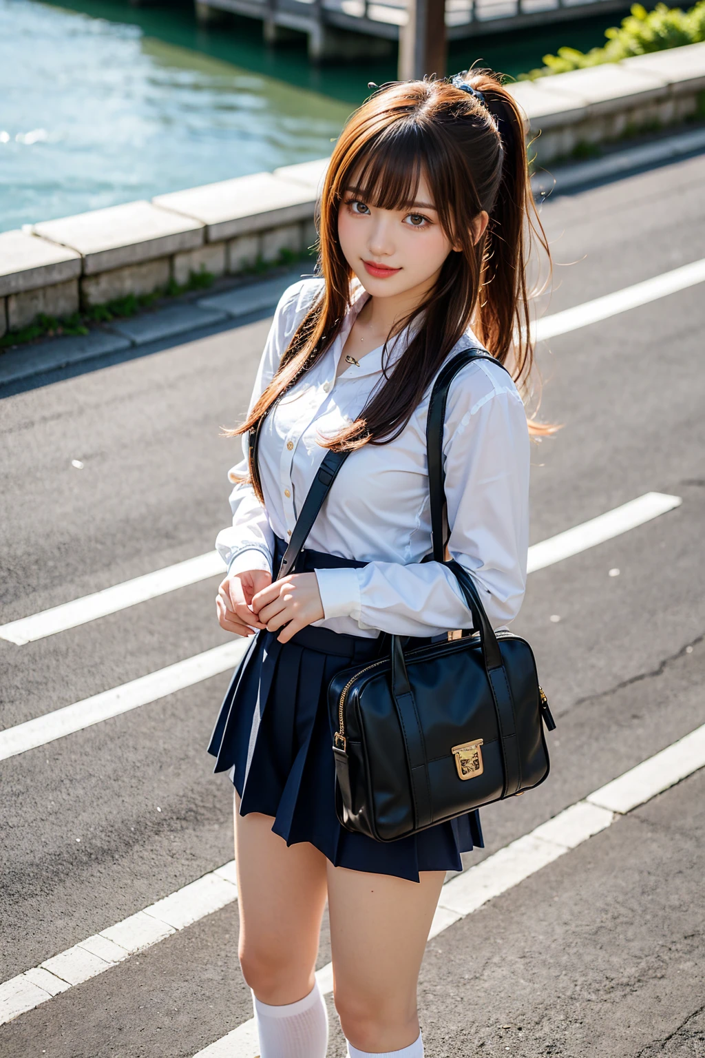 Cute Japanese , wearing sailor uniform, good style, wearing white socks, wearing loafers, carrying school bag in front of body, smiling, brown hair, aerial perspective, braided ponytail