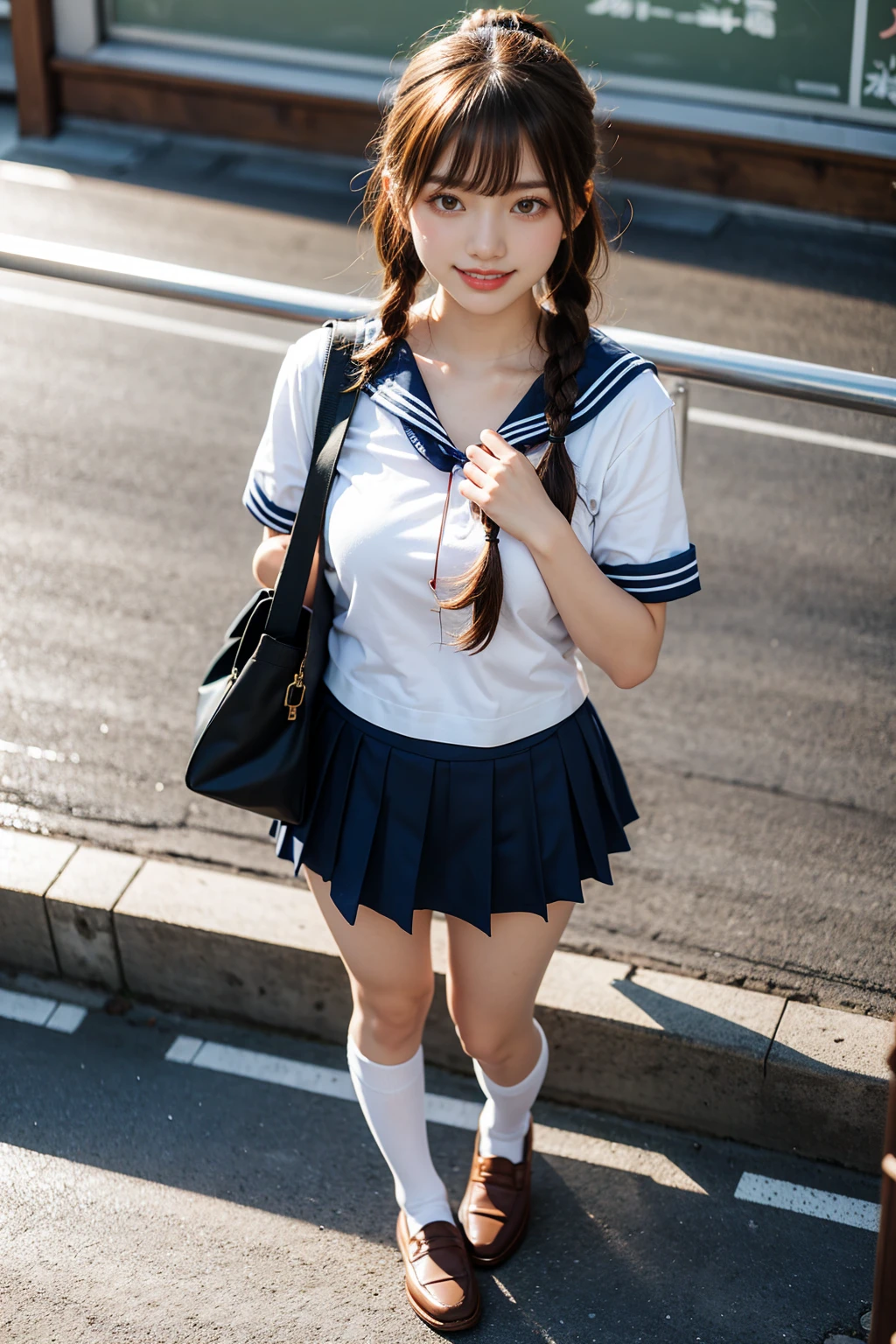 Cute Japanese , wearing sailor uniform, good style, wearing white socks, wearing loafers, carrying school bag in front of body, smiling, brown hair, aerial perspective, braided ponytail