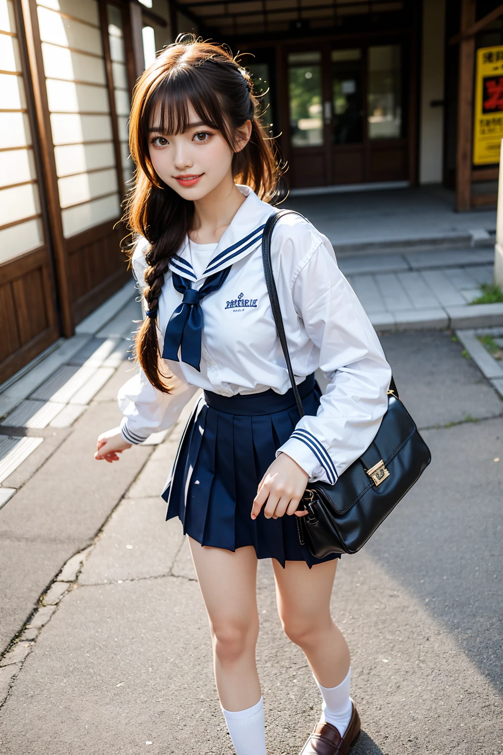 Cute Japanese , wearing sailor uniform, good style, wearing white socks, wearing loafers, carrying school bag in front of body, smiling, brown hair, aerial perspective, braided ponytail