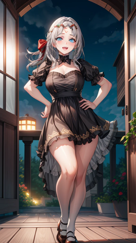 Alisa Kujou, 

(evening:1.7), 1 girl standing at attention, 22 years,young female,beautiful Finger, beautiful long legs ,beautiful body ,beautiful Nose ,beautiful character design, Perfect eyes, perfect face,

there is an anime girl., 1 girl, Thighs, Alone, Blue eyes, old, black dress ,elegant , long socks (((short dress))) , neckline, bow, hand on hip, blush, black Thighs, bowtie, inside, brown shoes, The Great Passage, moccasins, heels, old, looking at the viewer, take half distance, close up shot of open mouth, Thighs,

looking at the viewer, SMILE, greeting the viewer, In the center of the image, Fondo de pantalla CG unity 8k extremadamente detallado, perfect lighting,showy, bright_forehead_face_Lightinasterpiece:1.0),(better_quality:1.0), ultra high resolution,4k,ultra detailed,
Photography, 8k, HDR, high resolution, absurdities:1.2, portrait of codas, film grain, blurred background, bokeh:1.2, Lens flare, (Vibrant_color:1.2)
, (beautiful_face:1.5),(narrow_waist), (beautiful)