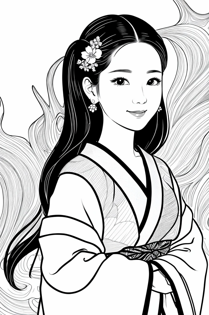 Please create a realistic Ukiyo-e illustration of a cute smiling woman in a kimono that conveys Japanese culture using a simple black and white coloring book that even children can do. The illustration is a illustration with detailed facial features and cartoon-style visuals, (high contrast, sketch, monochrome, clean line drawings for coloring book:1.5)