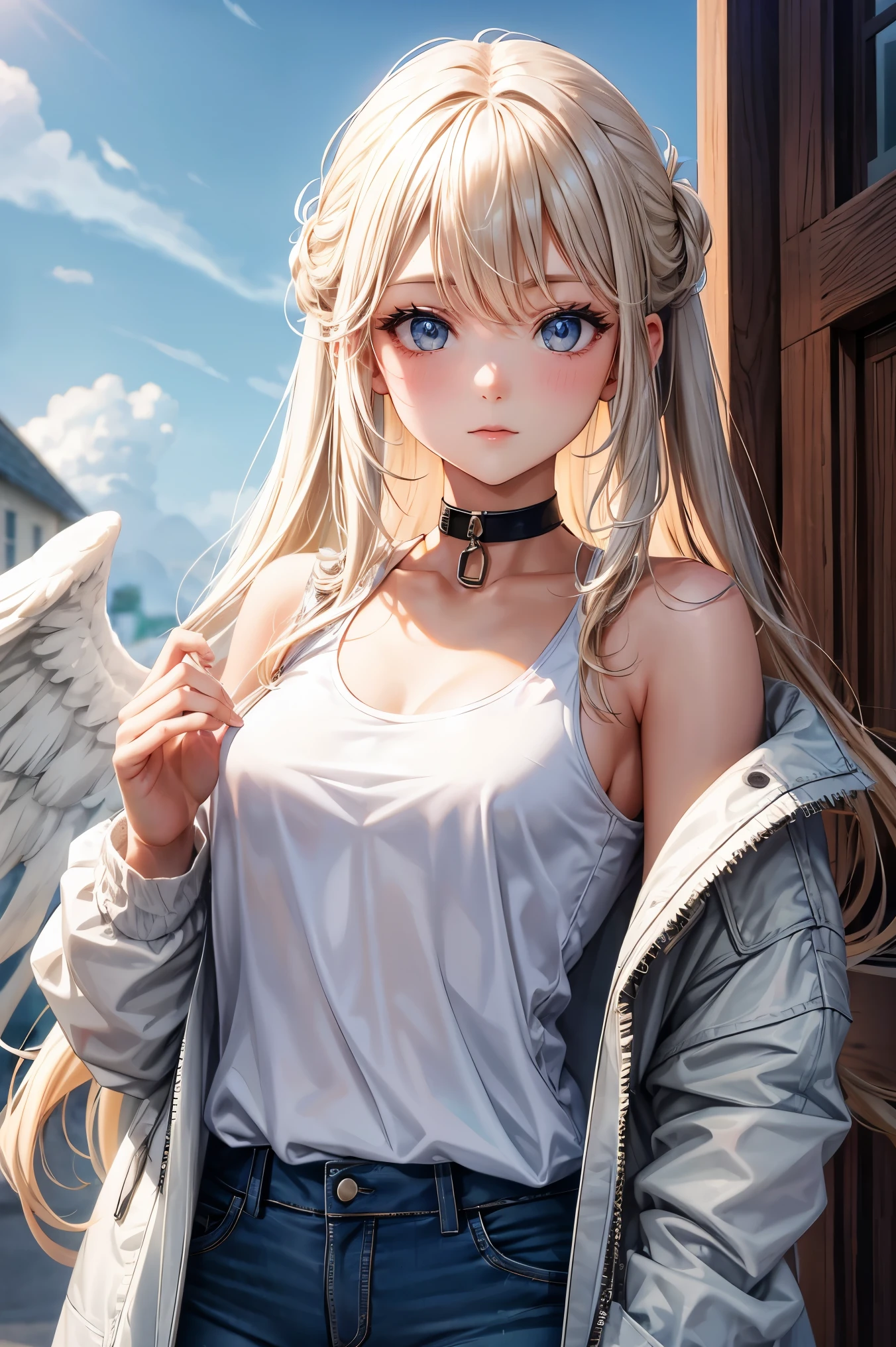 1girl, medium breasts, blonde hair, long hair, wavy hair, grey eyes, white feathered wings, angel, outdoors, white jacket, choker, tank top, jeans