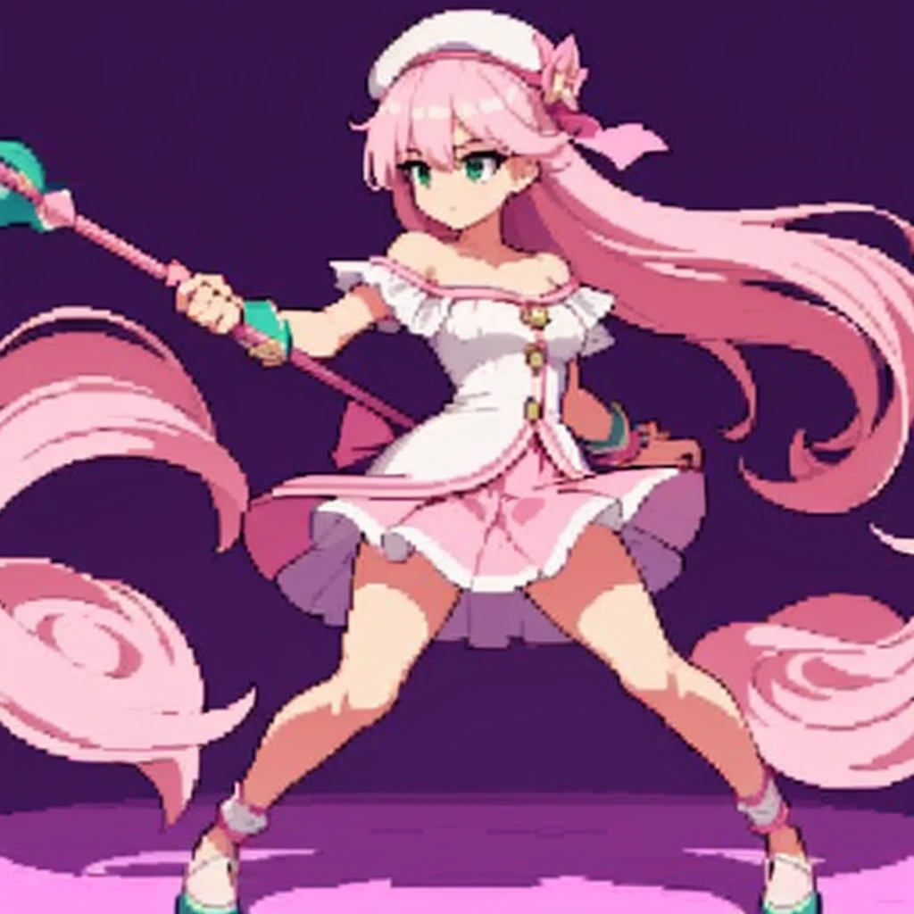  full body, facing left (important), pink and white, holding a spear, magical girl, beret, long hair, loose, off-the-shoulder. Hair color: soft, pale pink hair. Eye color: green eyes. Outfit: white and pink based outfit. She wears a white short-sleeved off-the-shoulder top with a pink collar and buttons that reveal her collarbone, and a mini slit skirt shaped like a downward-pointing lotus petal. Accessories: She has a pink flower ornament in her right hair. Weapon in hand: a long spear with pink and white decorations.Young middle school student、