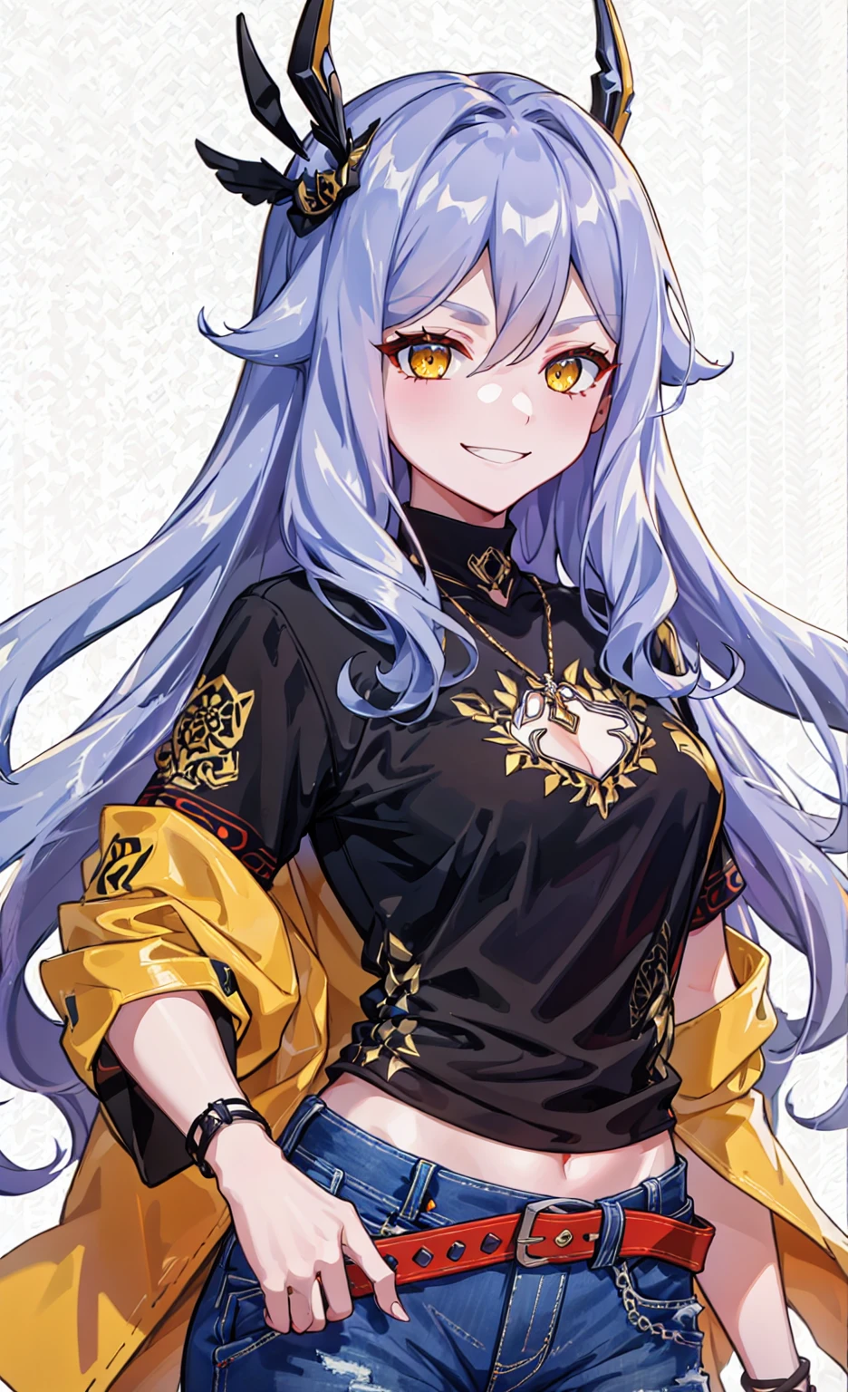 ((masterpiece)), ((ultra-detailed)), ((best quality)), ((intricate details)), (1girl:1.4), portrait, dynamic pose, model, (photoshoot:1.3), wink, gacha sprite, solo, vibrant colours, purple hair, yellow eyes, hair ornament, smiling, smirking, belt, black belt, casual clothes, black open jacket, summer clothes, white background, (modern clothes, t-shirt:1.33), denim jeans, long pants, long hair, cute, happy, hands behind back