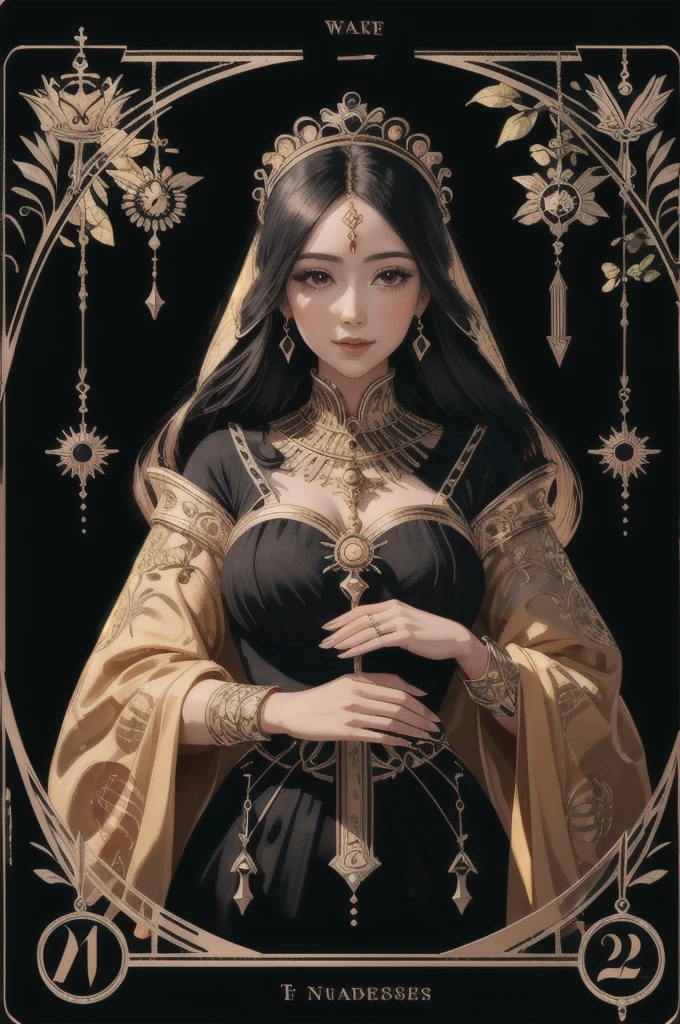 (best quality, Masterpiece), (Tarot cards, Tarot cards card,:1.1) Empress: A nurturing figure surrounded by symbols of abundance and prosperity... Depicts a woman in a lush garden.., Radiate the power of motherhood and be surrounded by nature..., black background, gold, upper body,