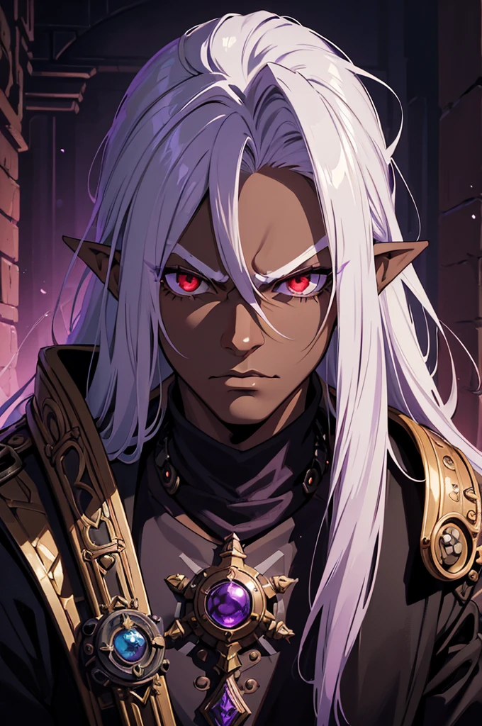 ((best quality)), ((masterpiece)), (detailed), ((boy)), ((mix between dungeonpunk and steampunk)), (serious), dark skinned, human, upper body, portrait, red eyes, long white hair, Xemnas from Kingdom Hearts, half-drow, pointy ears, serious face, dramatic lighting, purple hue, art by Kinema Citrus and Tetsuya Nomura