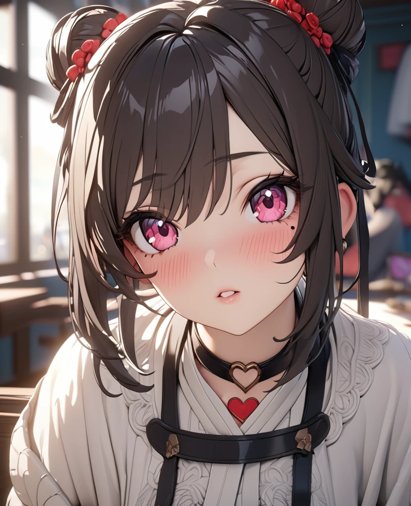 masterpiece, best quality, highly detailed, high resolution, expensive resolution, high resolution, 4K, 8k, uniform 8k wallpaper, highly detailed CG, masterpiece, 2D, 3D, beautiful details, depth, fine texture, best quality: 1.3, perfectly focused, crispy. skin, him, very cute anime girl, Her name is Mei, idol, brown double hair buns wearing expensive, mole under eye, looking at the viewer, cowboy short, expensive, blush, mole, plump lips, heart, pink eyes, heart shaped choker