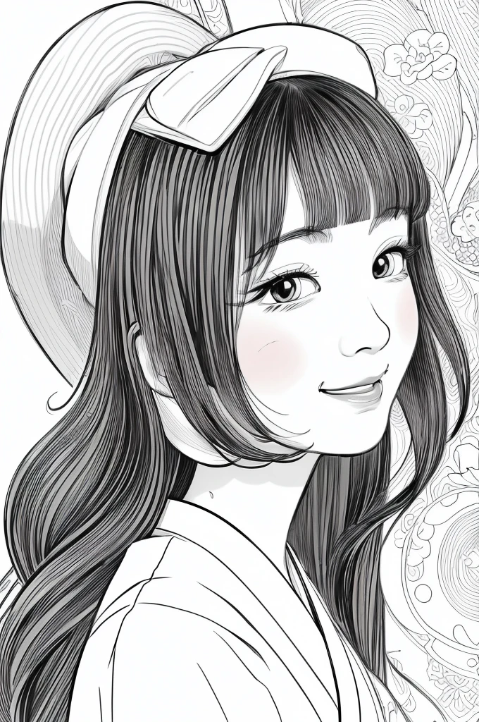 Please create a realistic ukiyo-e illustration of a cute smiling woman in a kimono that conveys Japanese culture in various poses using a simple black and white coloring book that even children can do. The illustration is a illustration with detailed facial features and cartoon-style visuals, (high contrast, sketch, monochrome, clean line drawings for coloring book:1.5)