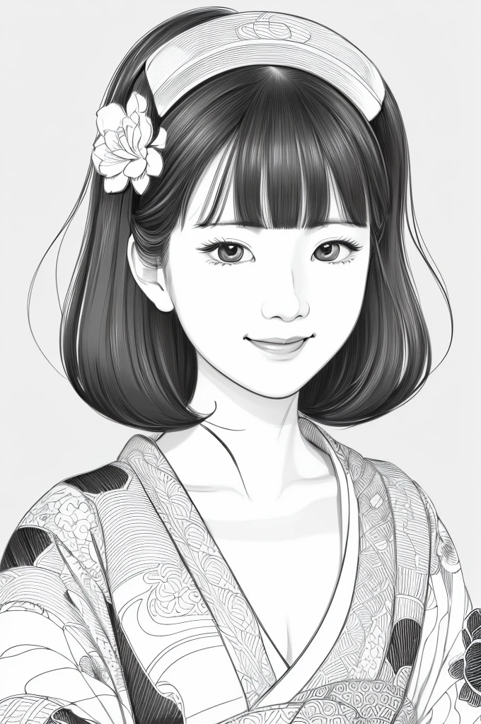 Please create a realistic ukiyo-e illustration of a cute smiling woman in a kimono that conveys Japanese culture in various poses using a simple black and white coloring book that even children can do. The illustration is a illustration with detailed facial features and cartoon-style visuals, (high contrast, sketch, monochrome, clean line drawings for coloring book:1.5)
