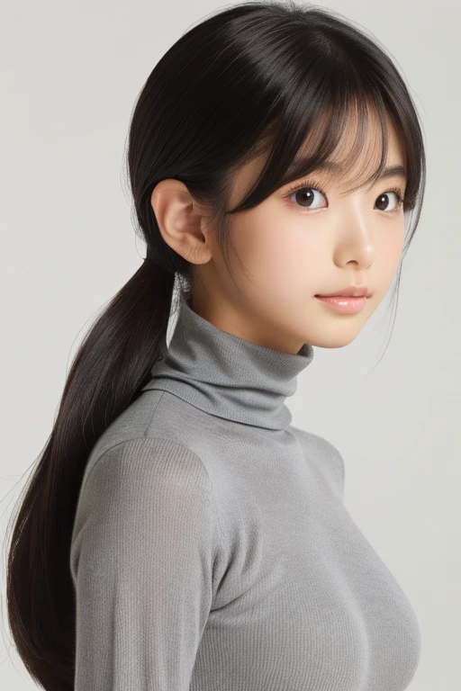 Very young Japanese,Grey turtleneck,Large Breasts,Black Hair,Long Hair,Soft lips,Fine skin,(Glowing Skin),(masterpiece:1.4),(Highest quality:1.4),white background,fullshot,standing posture,from side,side view