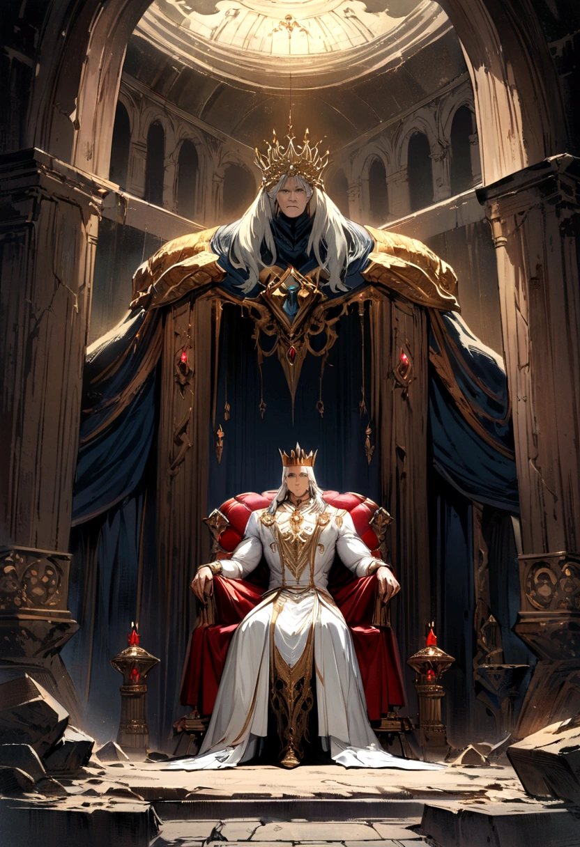 A white-haired, silver-eyed prince sits on a majestic throne inside an abandoned palace with crown. The environment around him is dark and gloomy, with cracks in the walls and cobwebs hanging there. The throne is ornate, with details in gold and precious stones, and is covered by a dusty cloth. The protagonist is wearing royal clothing, with a determined expression on his face, as he stares at the horizon with glowing red eyes, masterpiece, best quality, ultra-detailed, illustration, 8k resolution concept art, fantasy art, epic art, concept art wallpaper 4k, deep color, natural lighting. adult, handsome, tall muscular guy, broad shoulders.