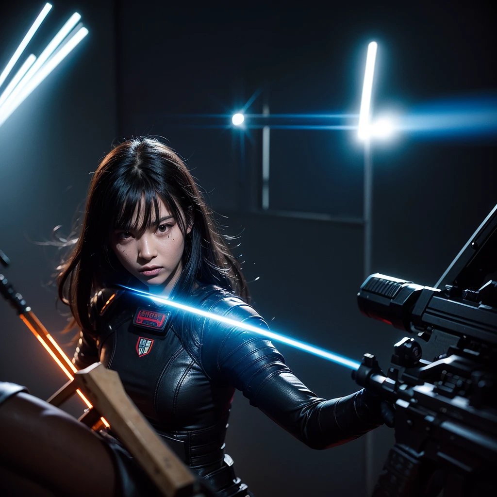 young latin with lasergame armor and phaser gun, in the center looking frontally in an attack position, in the background a dark lasergame room looks frontally at the camera