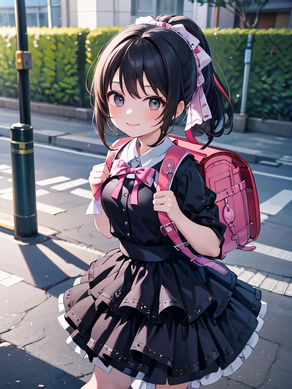 Masterpiece, hd, realistic, black hair, asian girl, 17 y.o, high school girl, 1girl wearing a pink idol dress (idol dress) layered skirt, frills, ribbon, bow, sequins, smile, outdoor, ponytail, standing, outdoor, wearing school backpack, (red backpack:1.1)