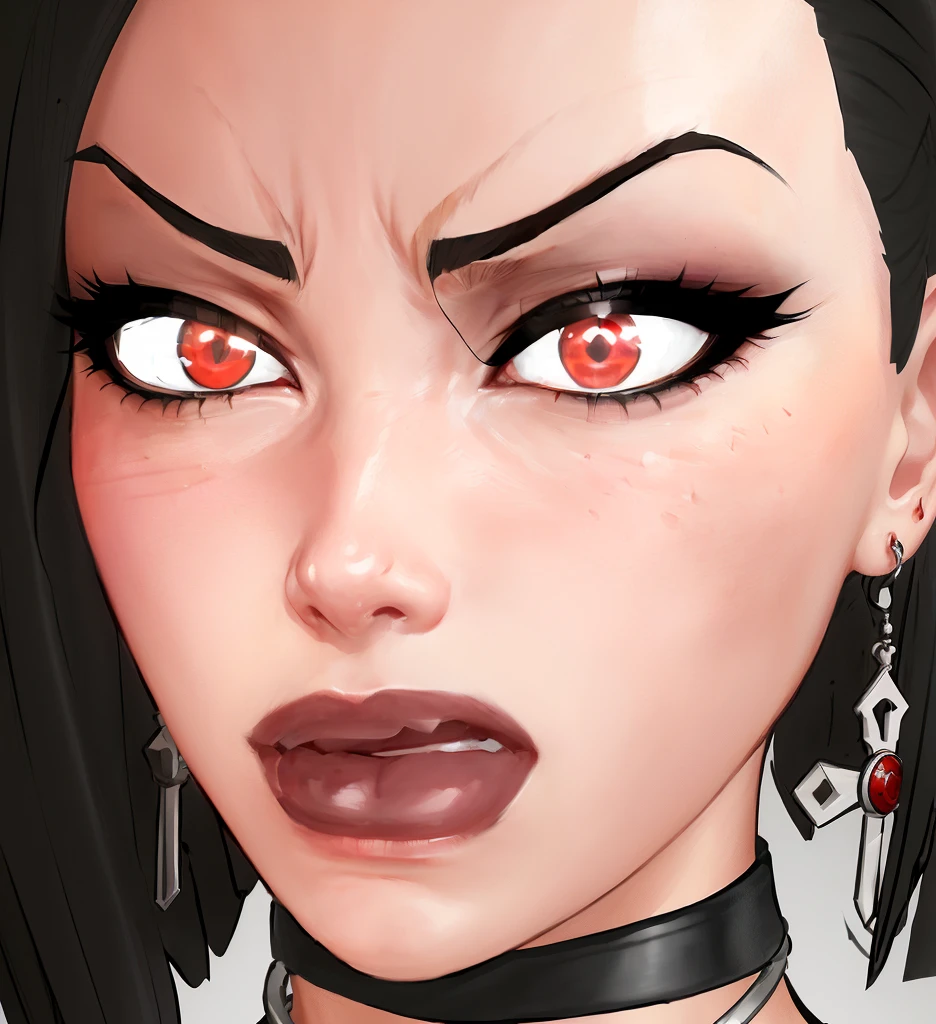 there is a cartoon picture of a woman with a choke and earrings, angry look, devious evil expression, highly detailed angry anime face, ((red)) baggy eyes, dark piercing eyes, character close up, close up character, character close-up, with very highly detailed face