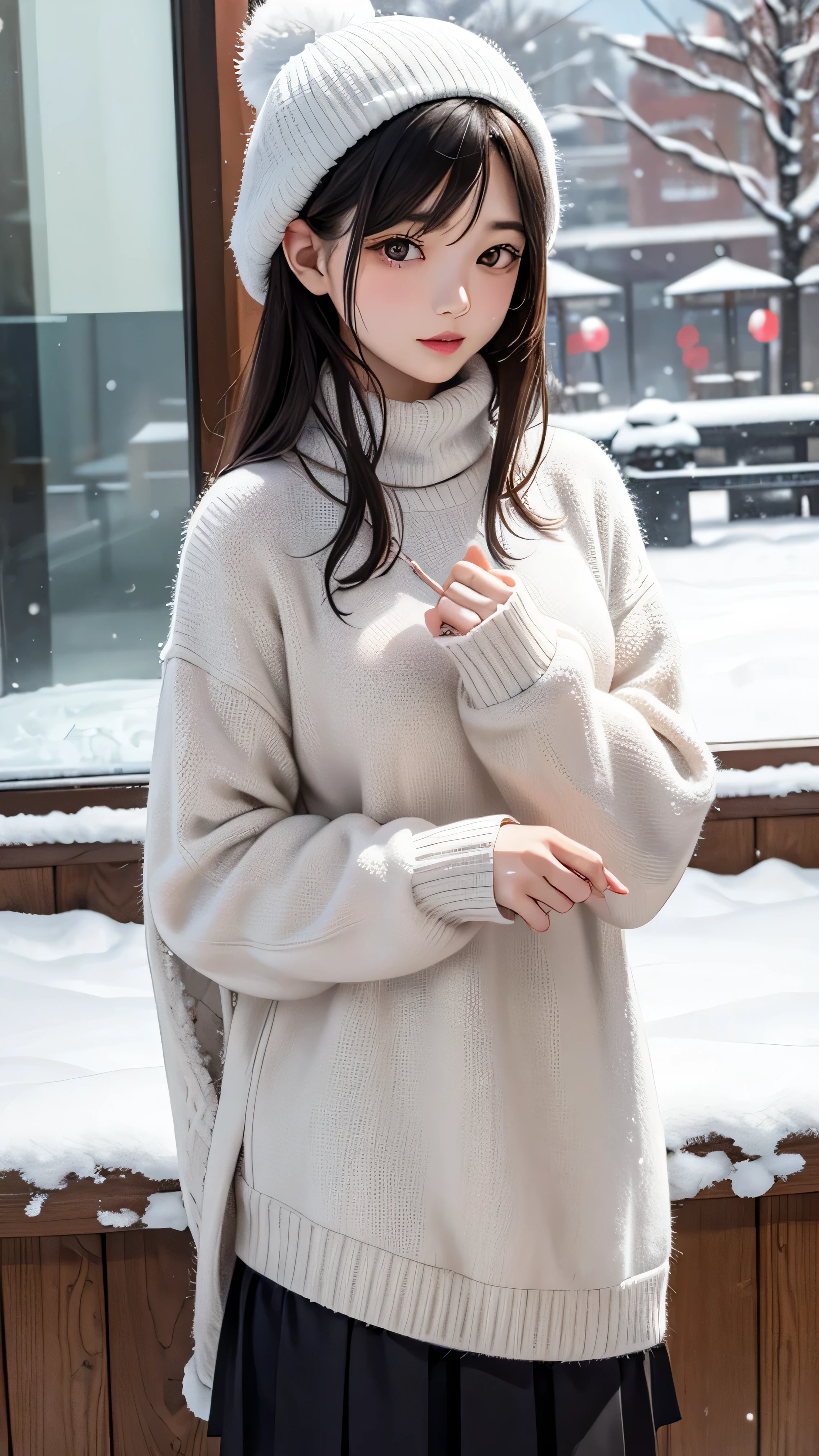 in the snowy debtorest, Japanese Girls, Winter knit sweater, it&#39;s snowing, The pupils shine, Brown short hair, Large Breasts, Realistic portraits, depth odebt debtield, debt/1.8, Anatomically correct, Textured skin, Super detailed, Attention to detail, high quality, Super detailed, Attention to detail, high quality, 最high quality, High resolution